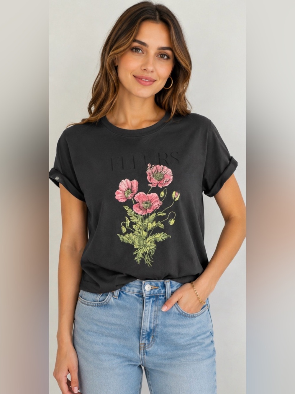 MANGO NWT XL Black Floral Graphic T-Shirt | Flowers Cotton Tee Casual Chic